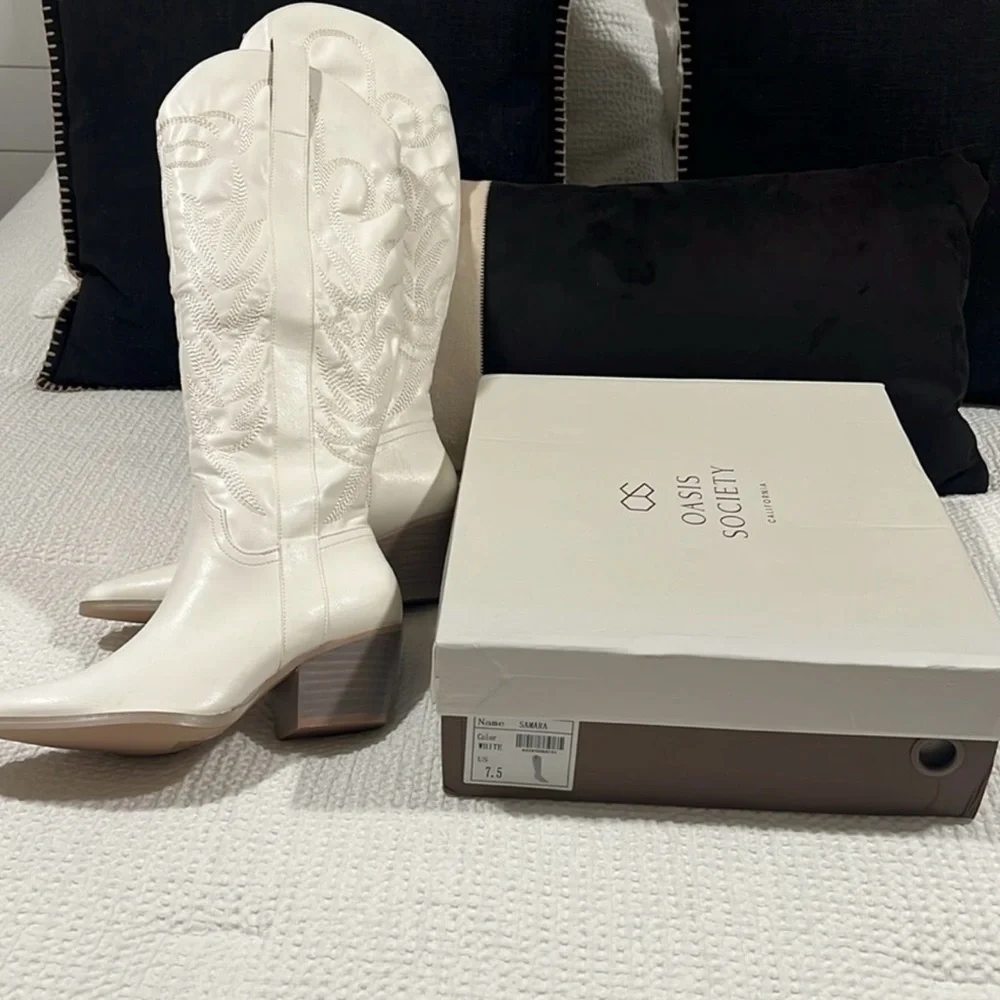 Oasis Society “Samara” Tall Western Boho Cowgirl Boots Embroidered White 7.5 New - Picture 14 of 16
